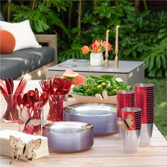 150 Pcs Clear and Red Plastic Plates for Party | Disposable Dinnerware Set - Picture 6 of 7